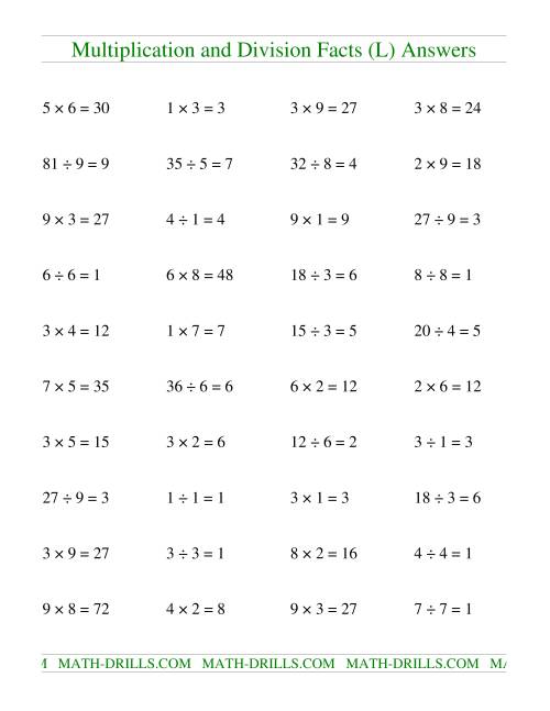 The Multiplying and Dividing Facts to 81 (L) Math Worksheet Page 2
