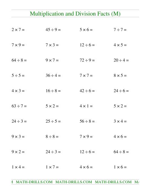 The Multiplying and Dividing Facts to 81 (M) Math Worksheet