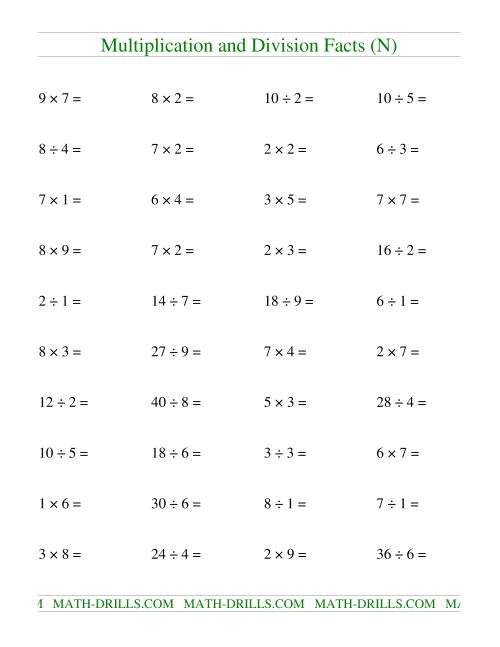 The Multiplying and Dividing Facts to 81 (N) Math Worksheet