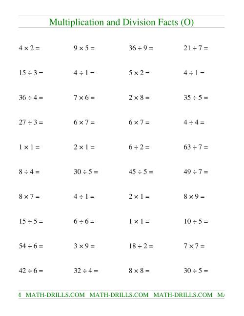 The Multiplying and Dividing Facts to 81 (O) Math Worksheet