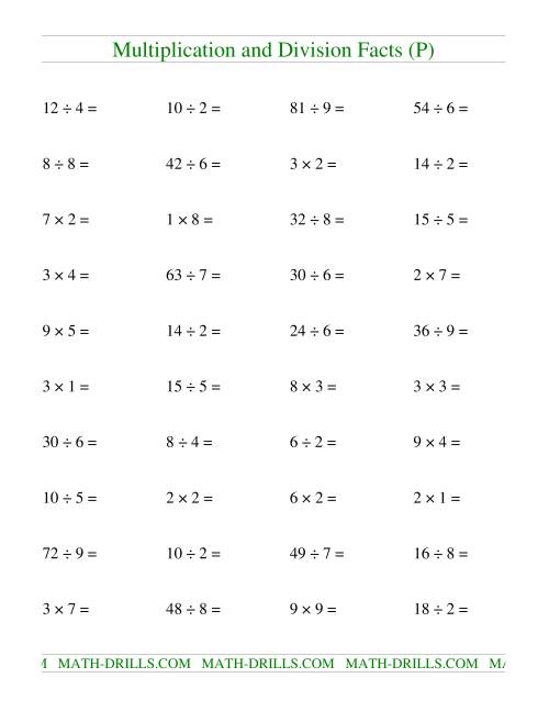 The Multiplying and Dividing Facts to 81 (P) Math Worksheet