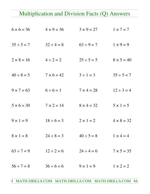 The Multiplying and Dividing Facts to 81 (Q) Math Worksheet Page 2