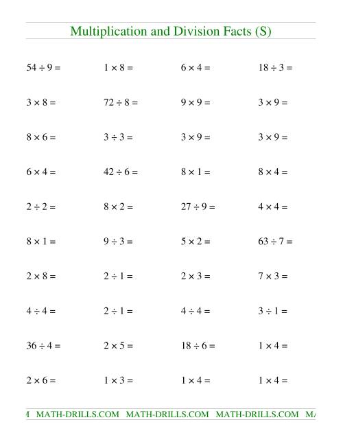 The Multiplying and Dividing Facts to 81 (S) Math Worksheet