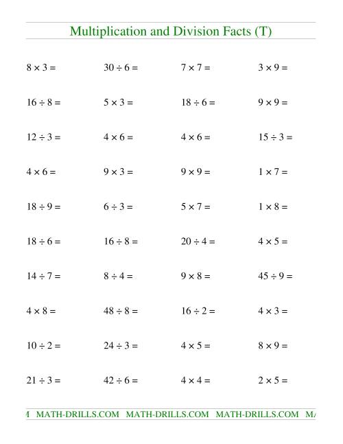 The Multiplying and Dividing Facts to 81 (T) Math Worksheet