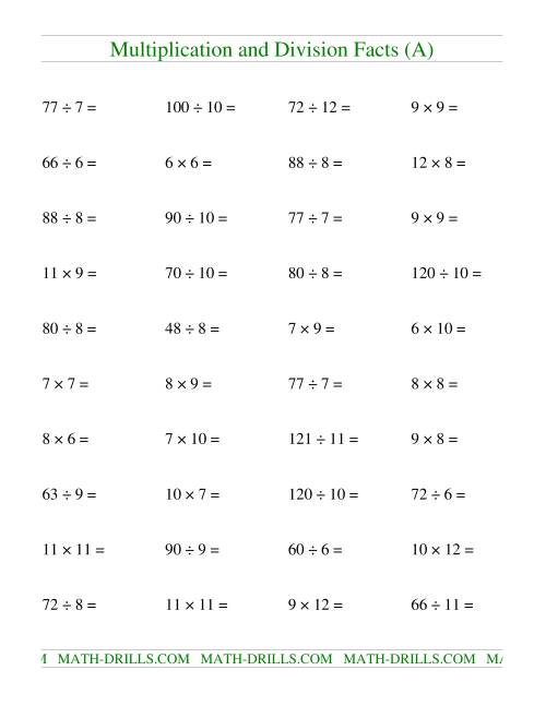 The Multiplying and Dividing Facts from 36 to 144 (A) Math Worksheet