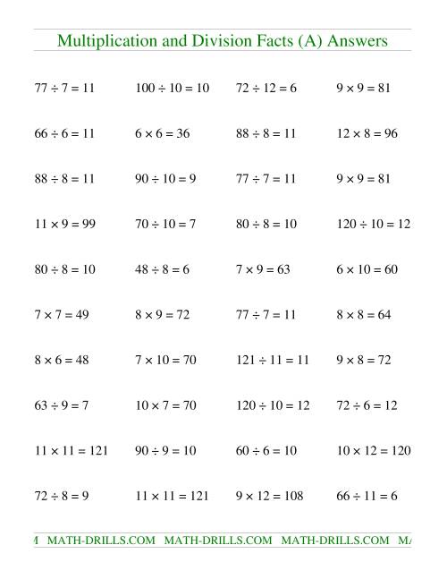 The Multiplying and Dividing Facts from 36 to 144 (A) Math Worksheet Page 2
