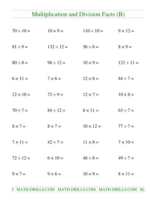 The Multiplying and Dividing Facts from 36 to 144 (B) Math Worksheet