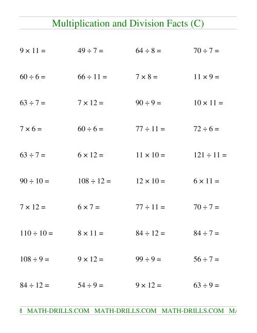 The Multiplying and Dividing Facts from 36 to 144 (C) Math Worksheet