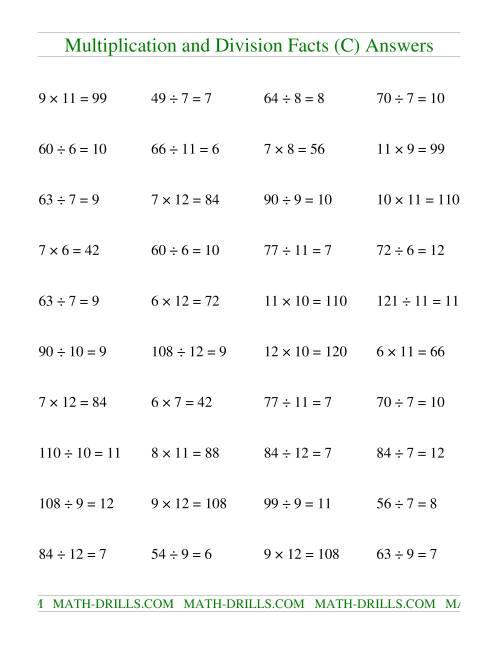 The Multiplying and Dividing Facts from 36 to 144 (C) Math Worksheet Page 2