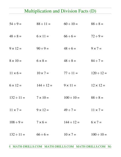 The Multiplying and Dividing Facts from 36 to 144 (D) Math Worksheet
