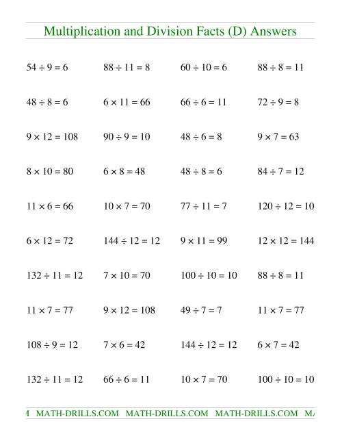 The Multiplying and Dividing Facts from 36 to 144 (D) Math Worksheet Page 2