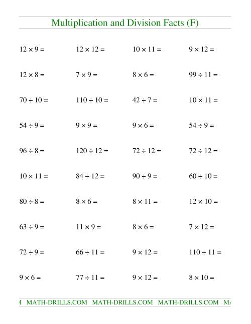 The Multiplying and Dividing Facts from 36 to 144 (F) Math Worksheet