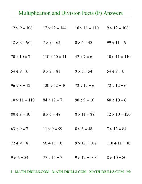 The Multiplying and Dividing Facts from 36 to 144 (F) Math Worksheet Page 2