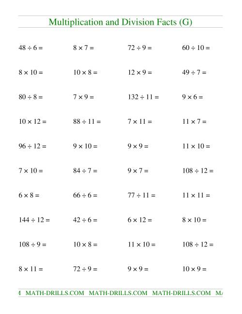 The Multiplying and Dividing Facts from 36 to 144 (G) Math Worksheet