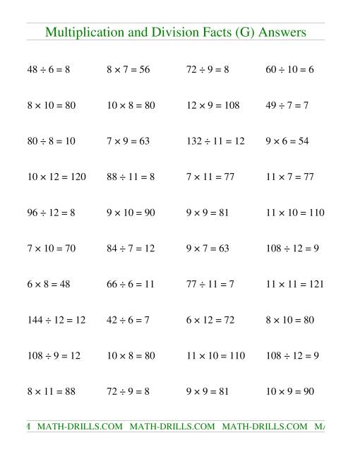 The Multiplying and Dividing Facts from 36 to 144 (G) Math Worksheet Page 2