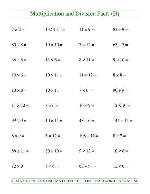 The Multiplying and Dividing Facts from 36 to 144 (H) Math Worksheet