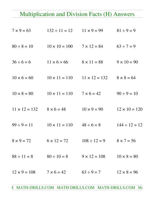 The Multiplying and Dividing Facts from 36 to 144 (H) Math Worksheet Page 2