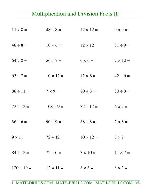 The Multiplying and Dividing Facts from 36 to 144 (I) Math Worksheet