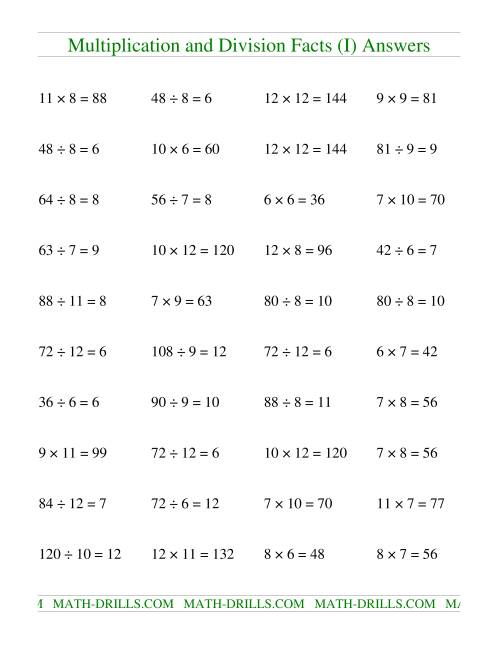 The Multiplying and Dividing Facts from 36 to 144 (I) Math Worksheet Page 2