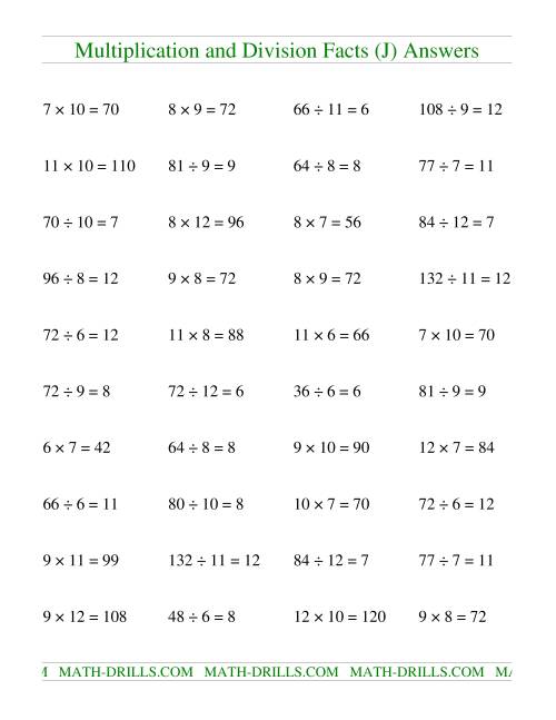 The Multiplying and Dividing Facts from 36 to 144 (J) Math Worksheet Page 2