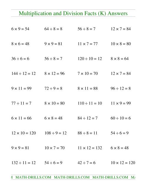 The Multiplying and Dividing Facts from 36 to 144 (K) Math Worksheet Page 2