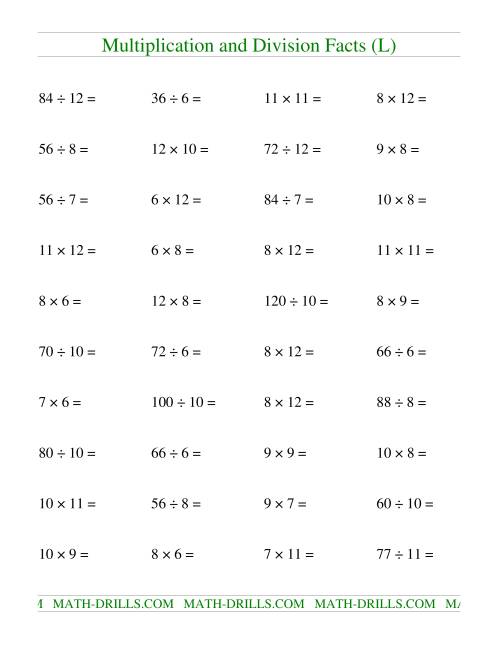 The Multiplying and Dividing Facts from 36 to 144 (L) Math Worksheet
