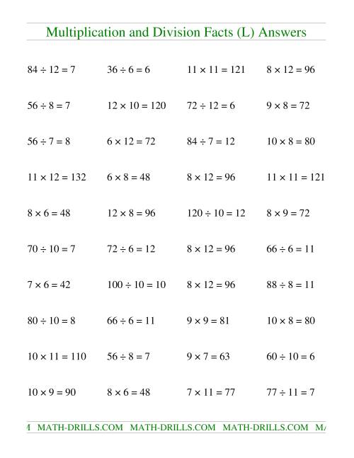 The Multiplying and Dividing Facts from 36 to 144 (L) Math Worksheet Page 2