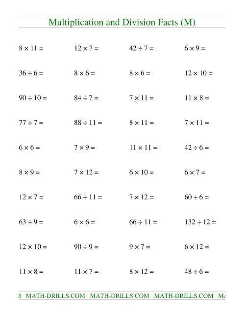 The Multiplying and Dividing Facts from 36 to 144 (M) Math Worksheet