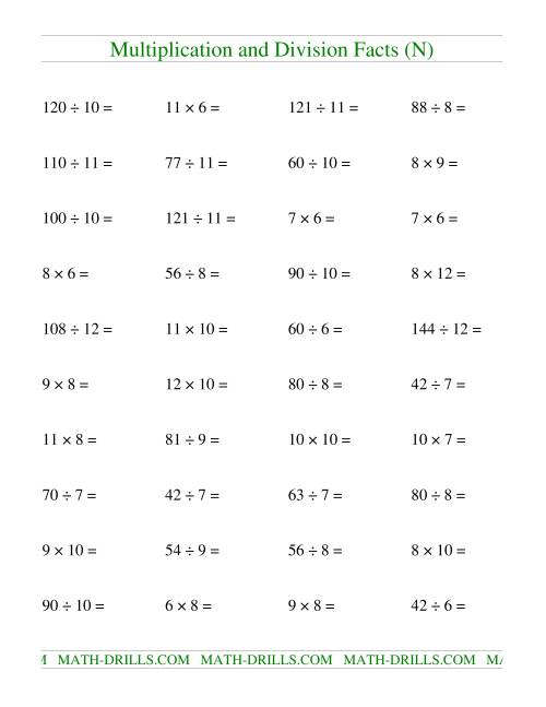 The Multiplying and Dividing Facts from 36 to 144 (N) Math Worksheet