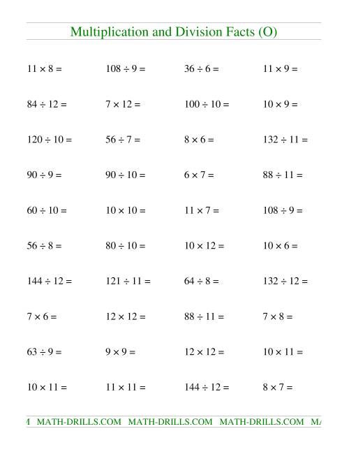 The Multiplying and Dividing Facts from 36 to 144 (O) Math Worksheet