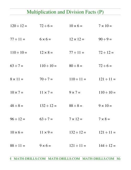 The Multiplying and Dividing Facts from 36 to 144 (P) Math Worksheet