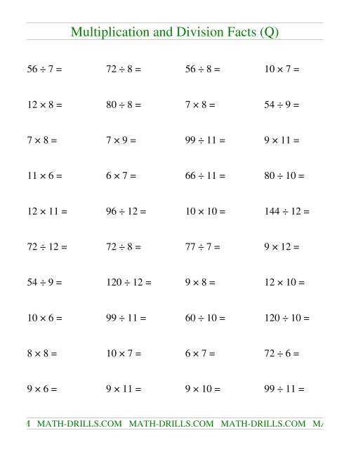 The Multiplying and Dividing Facts from 36 to 144 (Q) Math Worksheet