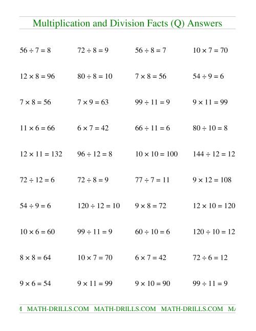 The Multiplying and Dividing Facts from 36 to 144 (Q) Math Worksheet Page 2