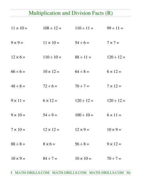 The Multiplying and Dividing Facts from 36 to 144 (R) Math Worksheet
