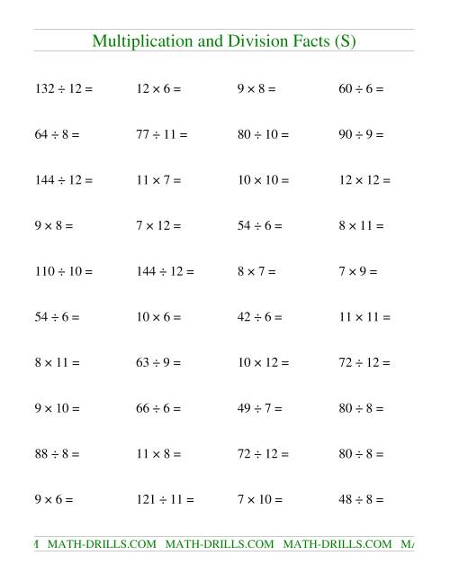 The Multiplying and Dividing Facts from 36 to 144 (S) Math Worksheet