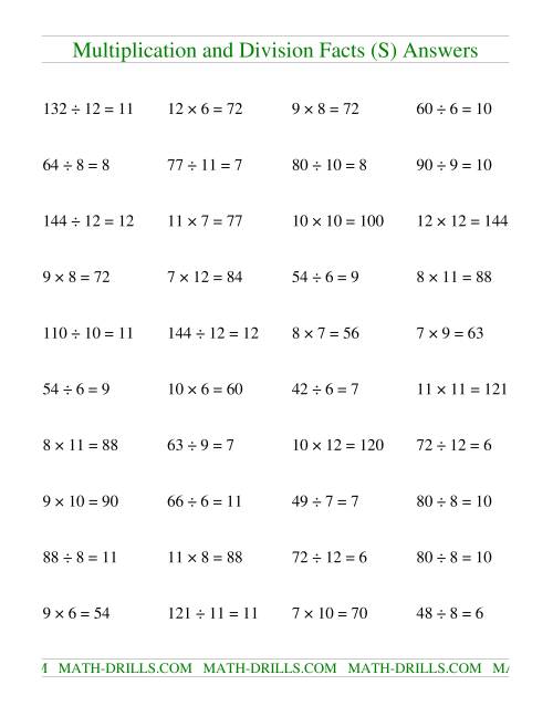 The Multiplying and Dividing Facts from 36 to 144 (S) Math Worksheet Page 2