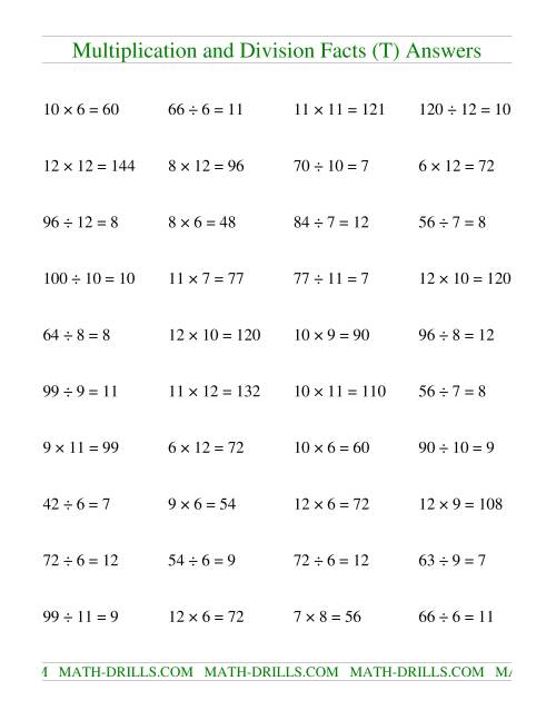 The Multiplying and Dividing Facts from 36 to 144 (T) Math Worksheet Page 2