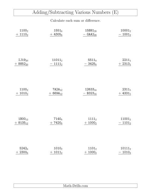 The Adding and Subtracting Various Base Numbers (E) Math Worksheet