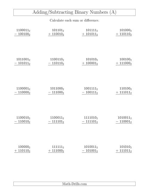 The Adding and Subtracting Binary Numbers (Base 2) (A) Math Worksheet