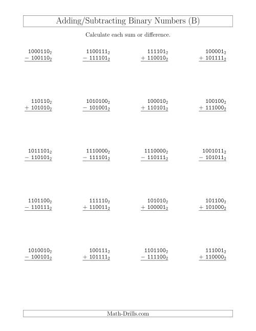 The Adding and Subtracting Binary Numbers (Base 2) (B) Math Worksheet