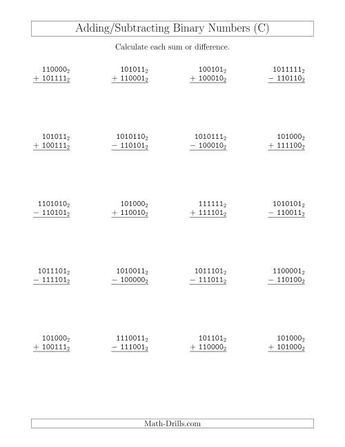 The Adding and Subtracting Binary Numbers (Base 2) (C) Math Worksheet