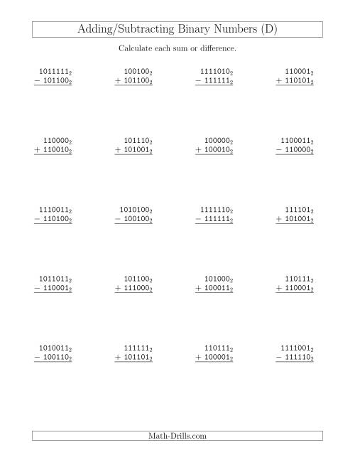 The Adding and Subtracting Binary Numbers (Base 2) (D) Math Worksheet