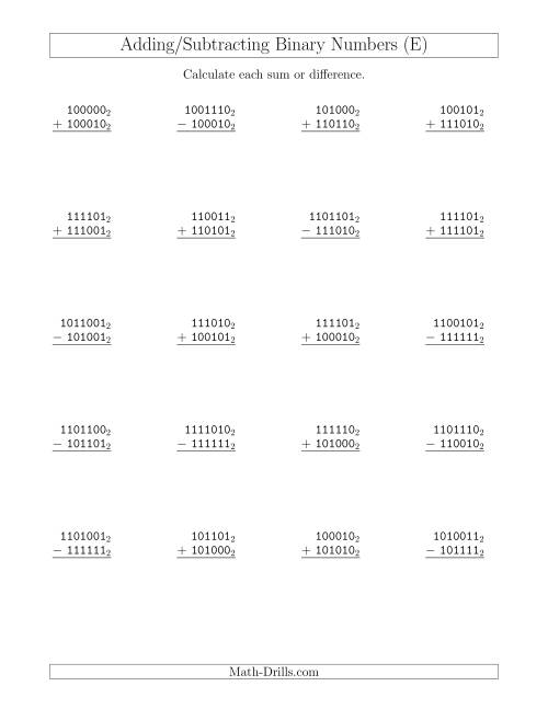 The Adding and Subtracting Binary Numbers (Base 2) (E) Math Worksheet