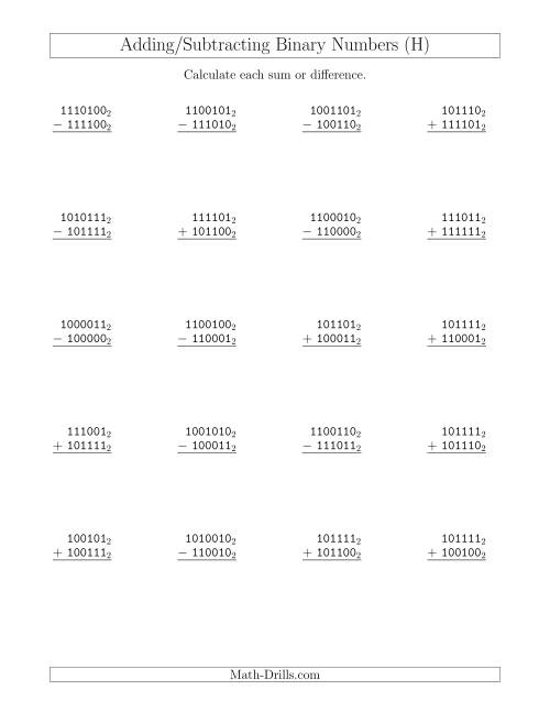The Adding and Subtracting Binary Numbers (Base 2) (H) Math Worksheet