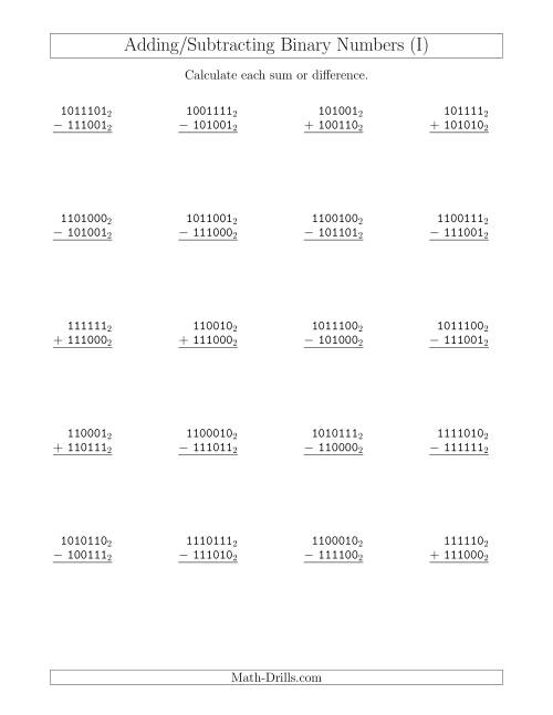The Adding and Subtracting Binary Numbers (Base 2) (I) Math Worksheet
