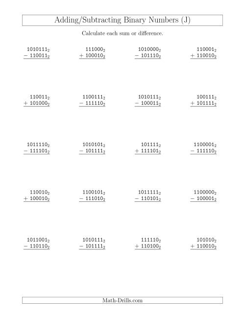 The Adding and Subtracting Binary Numbers (Base 2) (J) Math Worksheet