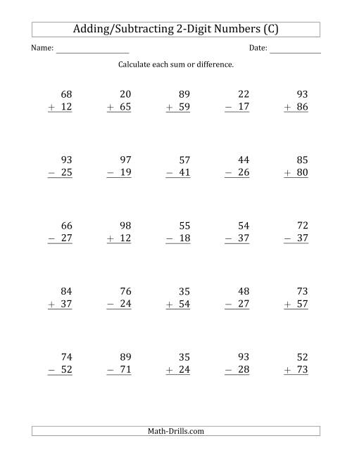 The 2-Digit Plus/Minus 2-Digit Addition and Subtraction with SOME Regrouping (C) Math Worksheet