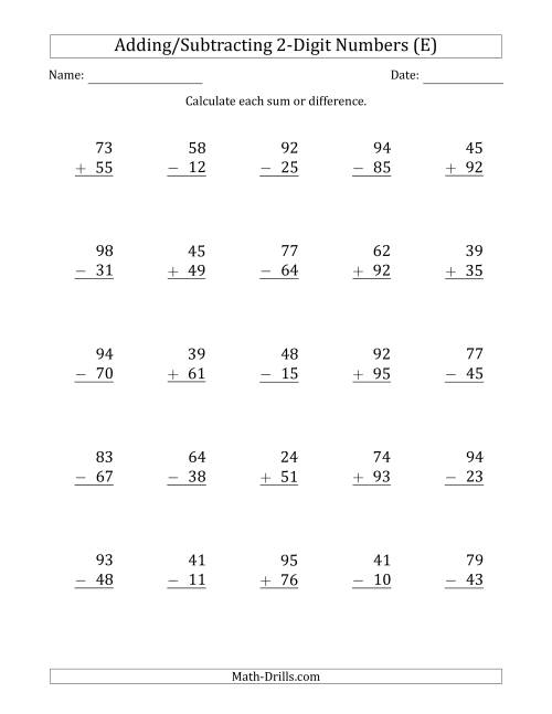 The 2-Digit Plus/Minus 2-Digit Addition and Subtraction with SOME Regrouping (E) Math Worksheet