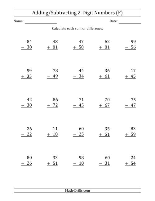 The 2-Digit Plus/Minus 2-Digit Addition and Subtraction with SOME Regrouping (F) Math Worksheet