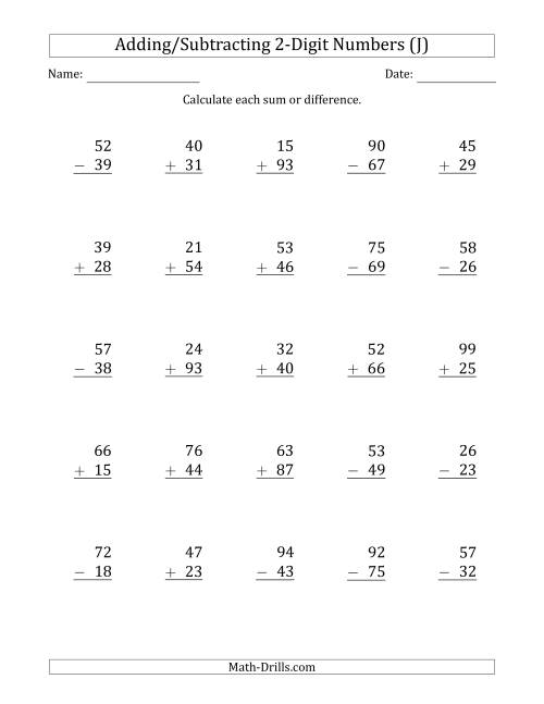 The 2-Digit Plus/Minus 2-Digit Addition and Subtraction with SOME Regrouping (J) Math Worksheet
